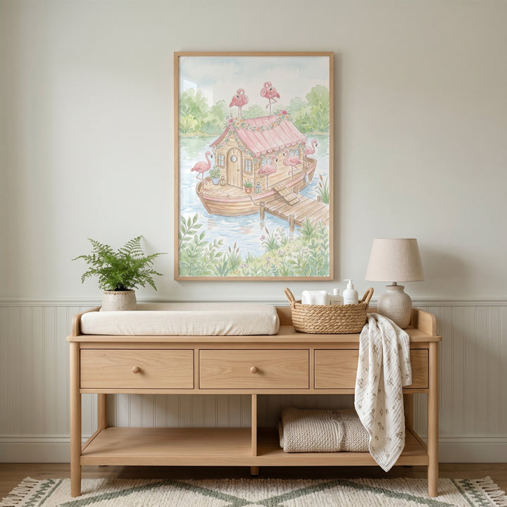 Floral pink flamingo wall art hangs above a wooden nursery changing table with a lamp, basket, and potted fern.
