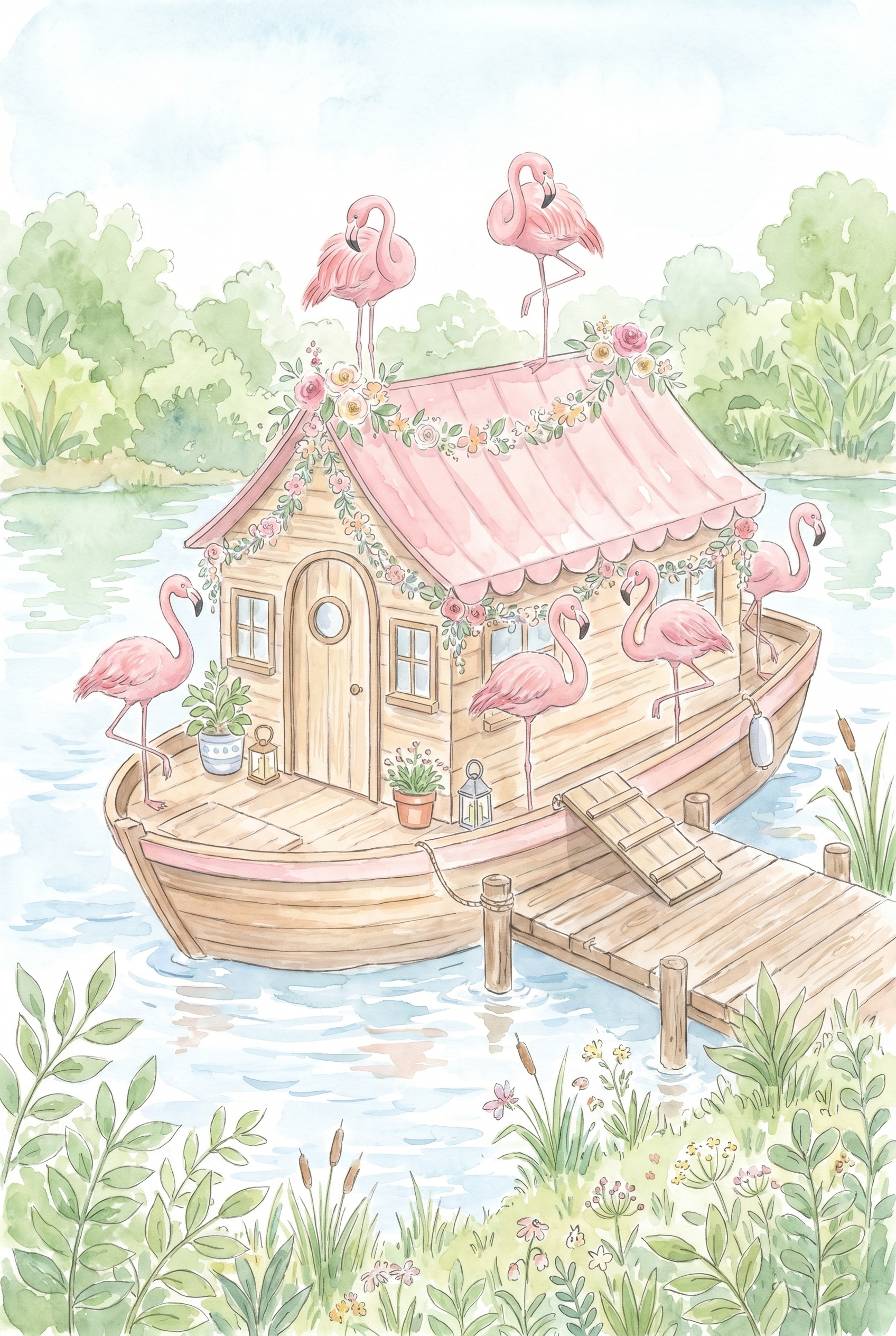 Floral Pink Flamingo Wall Art - Flamingo Houseboat Haven