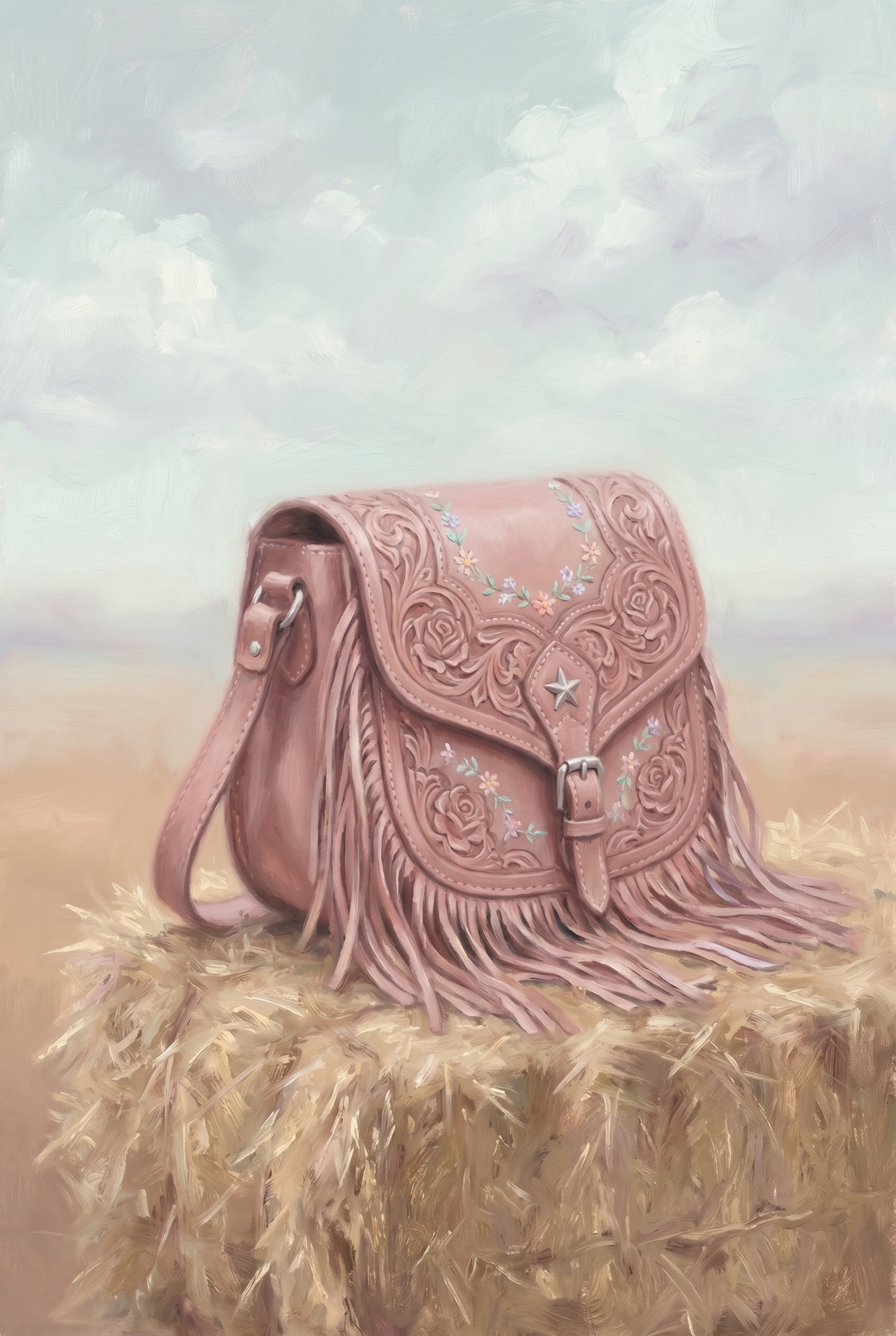 Floral Pink Fringe Bag Wall Art - Pink Fringe Satchel