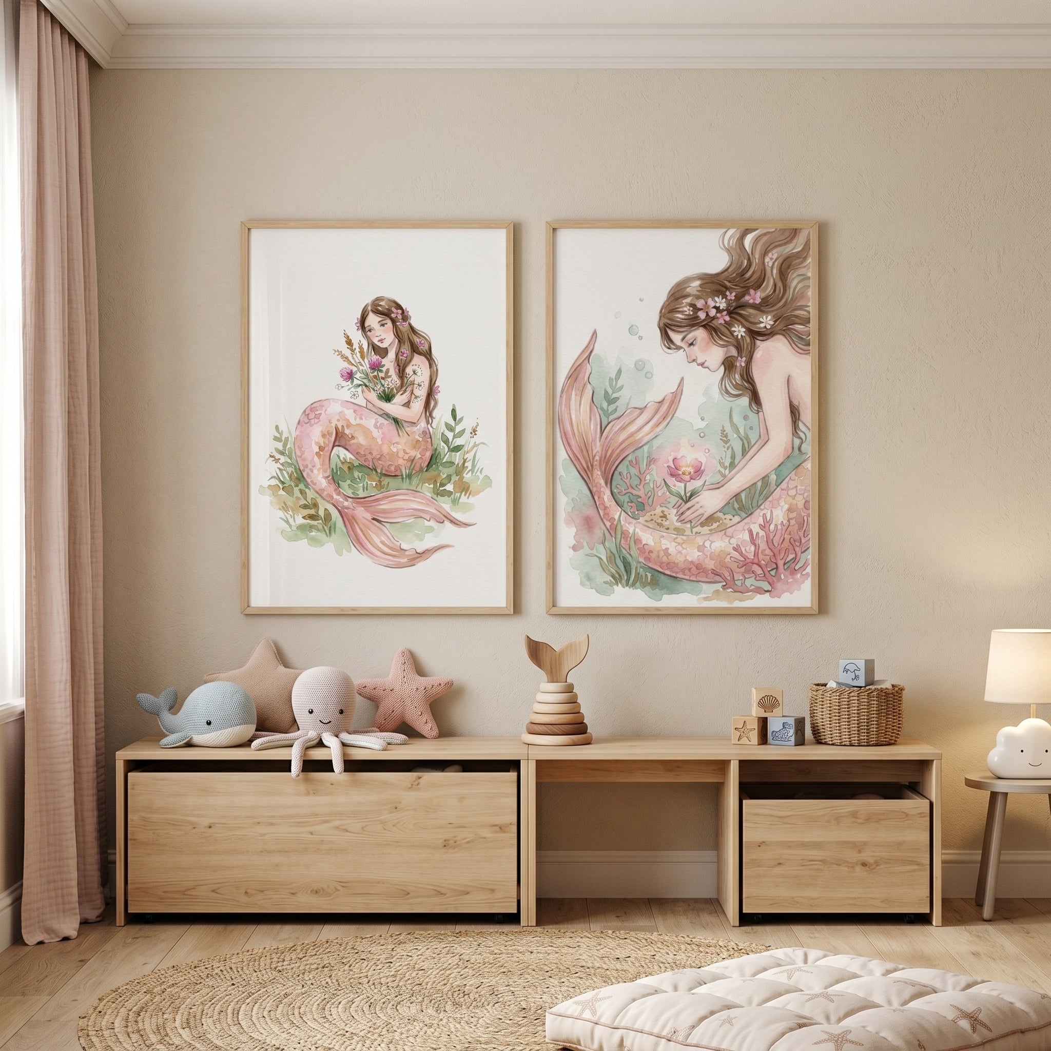 Floral Pink Mermaid Wall Art Set of 2 - Floral Mermaid Dreams