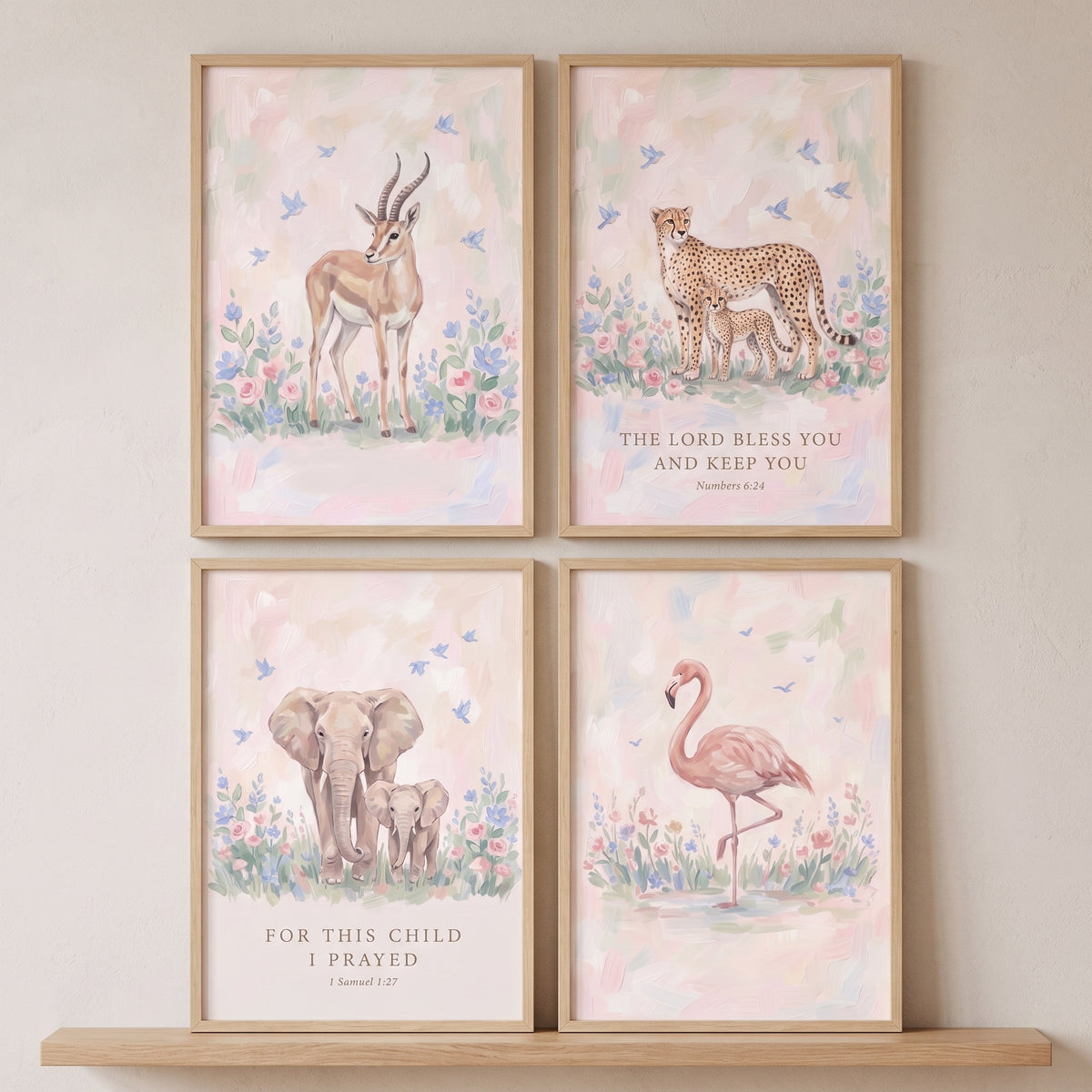 Floral Pink Savanna Animals Wall Art Set Of 4 - Pastel Animal Blessings