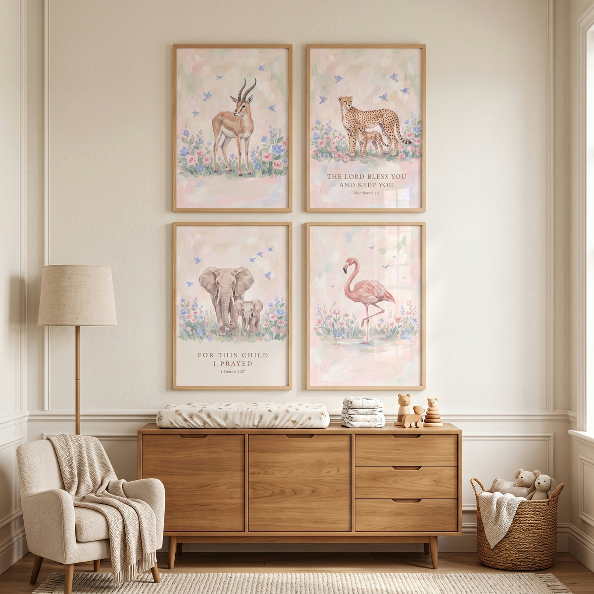 Floral Pink Savanna Animals Wall Art Set Of 4 - Pastel Animal Blessings