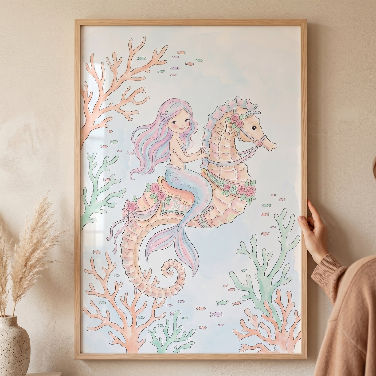Floral saddle seahorse mermaid artwork in a wood frame shows a mermaid riding a decorated seahorse amidst coral and fish.