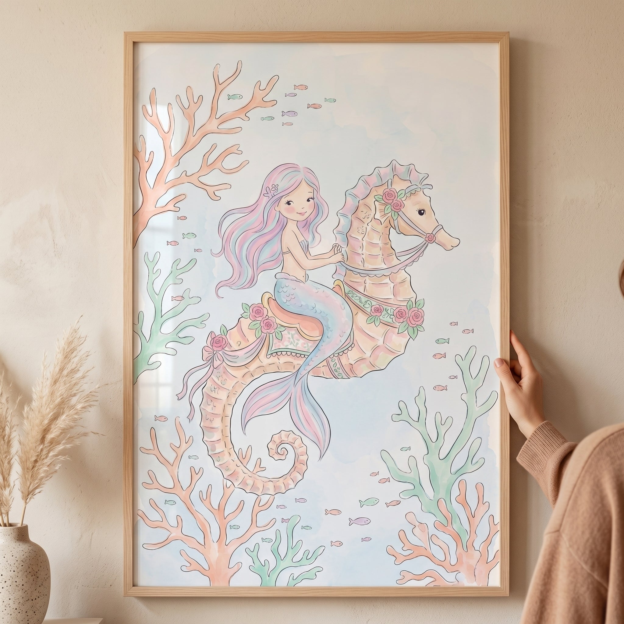 Floral Saddle Seahorse Mermaid Artwork - Pastel Sea Journey