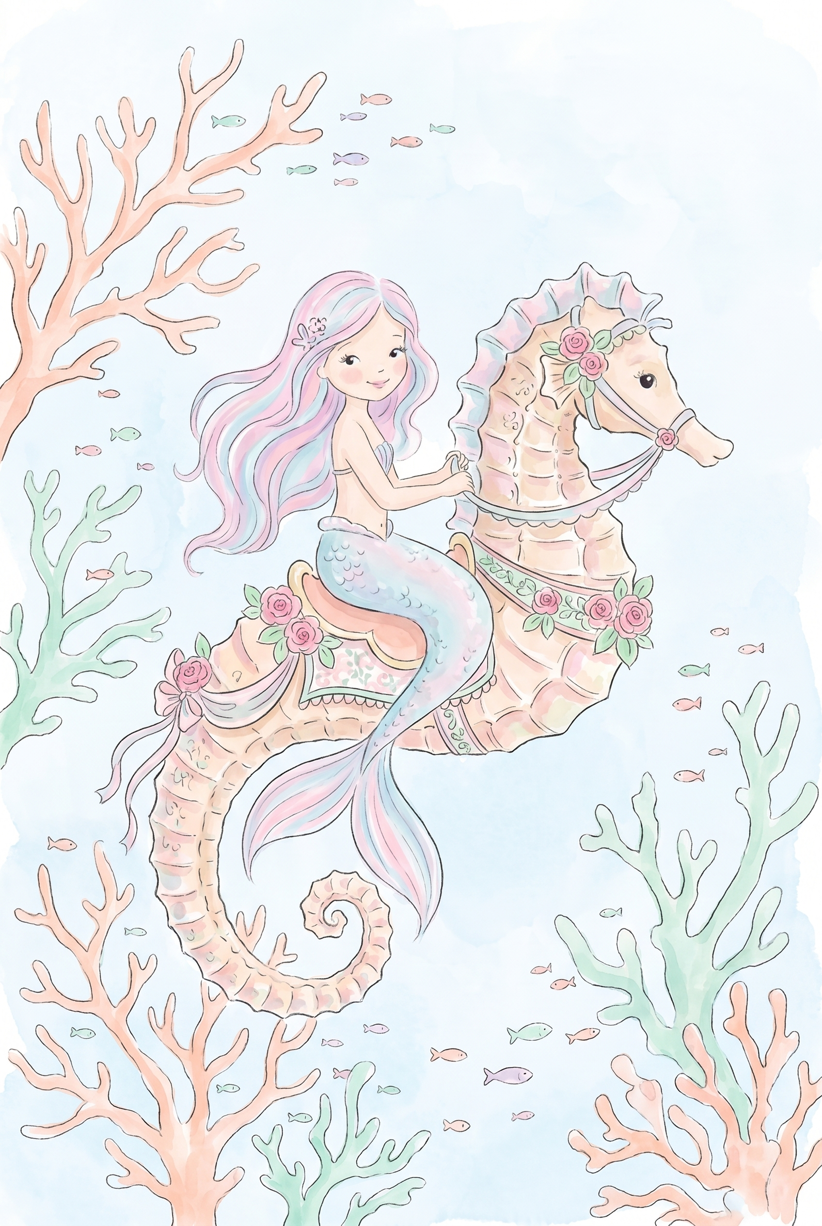 Floral Saddle Seahorse Mermaid Artwork - Pastel Sea Journey