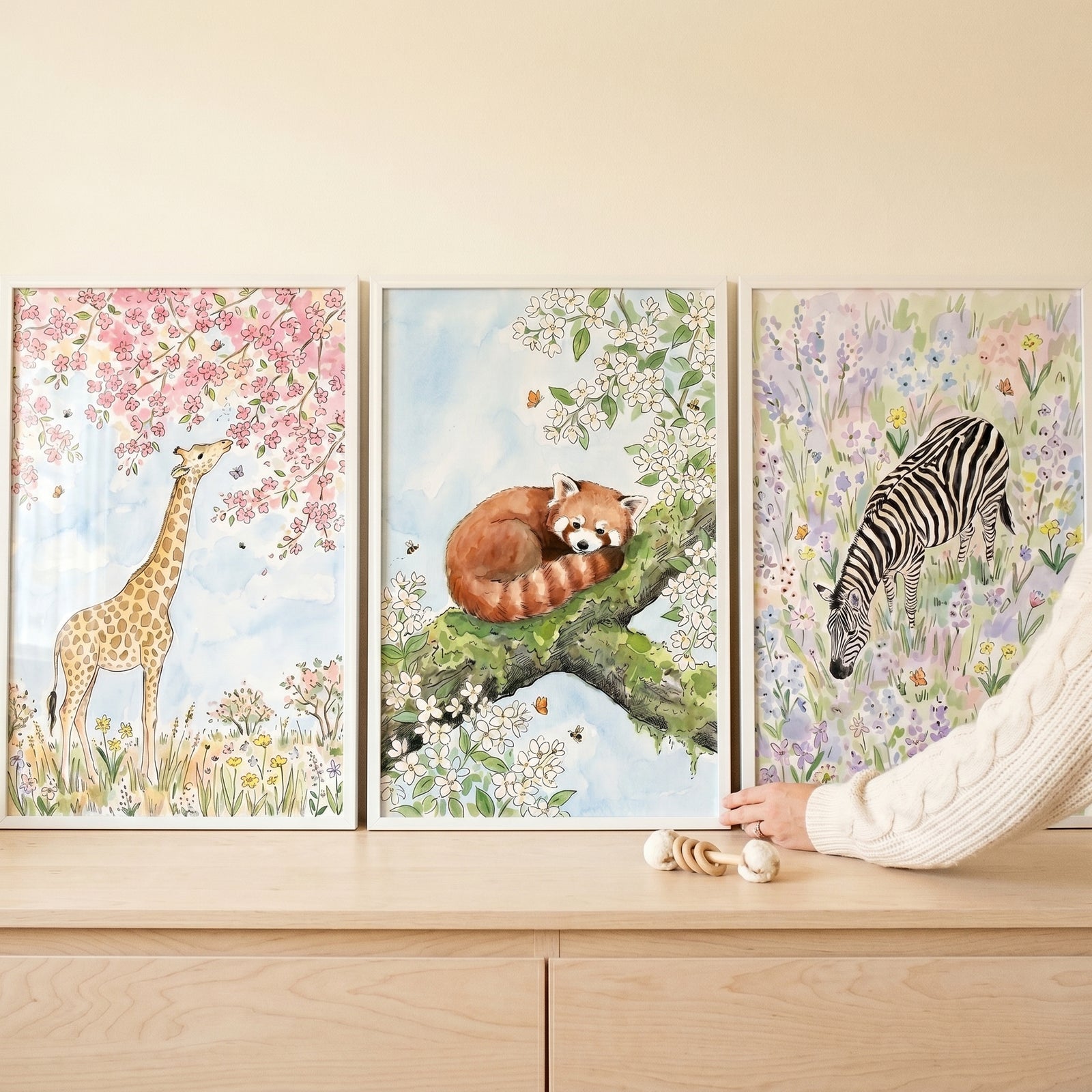 Floral safari animal wall art set of 3 featuring a giraffe, red panda, and zebra displayed on a light wood dresser.