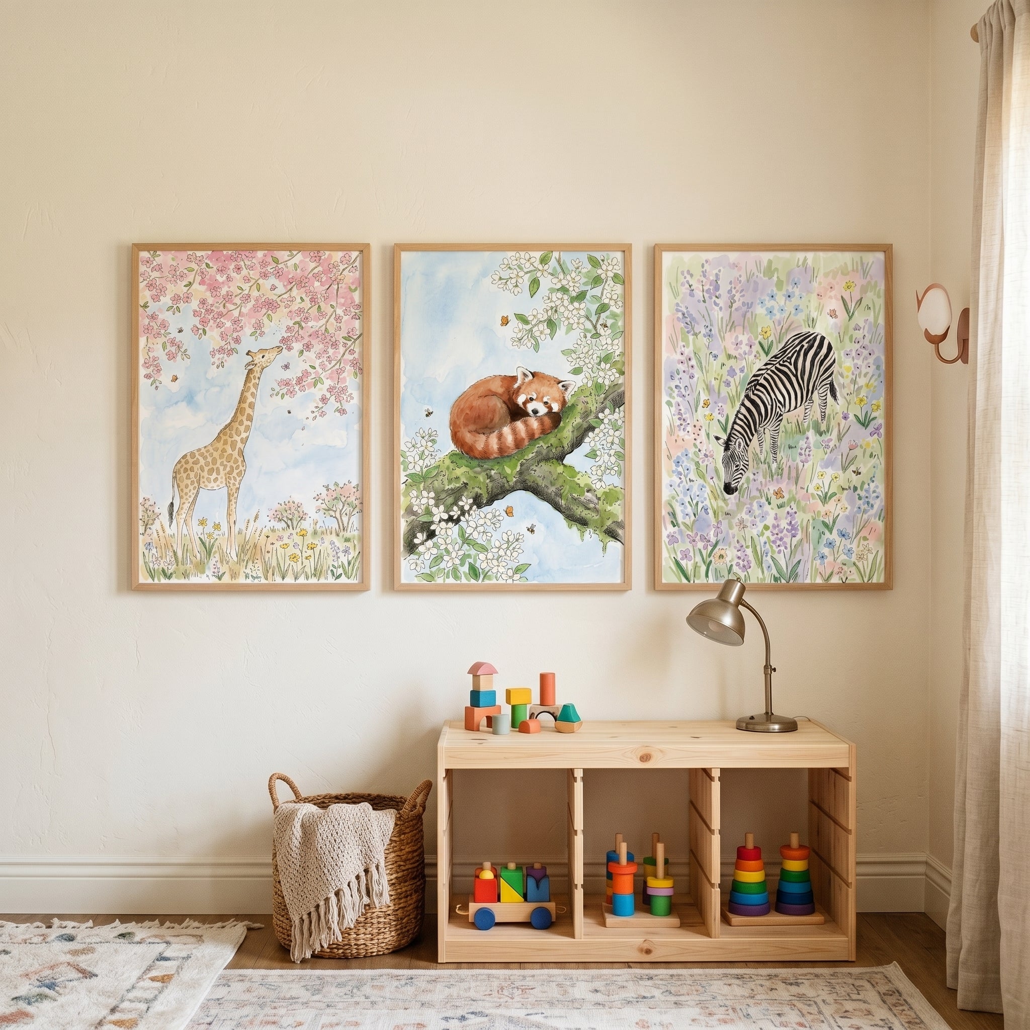 Floral Safari Animal Wall Art Set of 3 - Whimsical Wild Friends