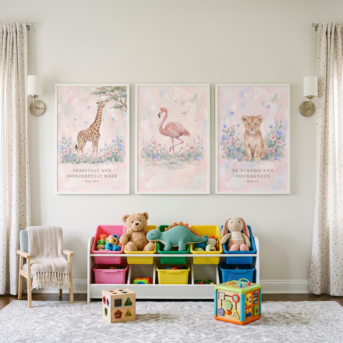 Floral Scripture Savanna Animals Wall Art Set Of 3 - Graceful Safari Trio