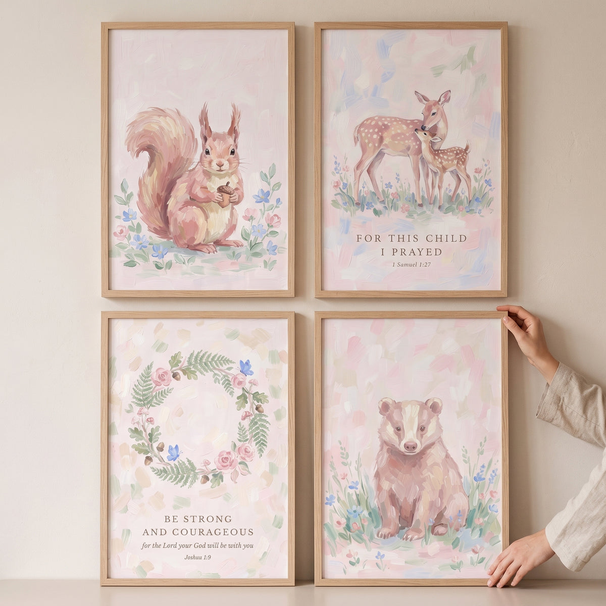 Floral scripture woodland nature wall art set of 4 with soft pastel deer, squirrel, badger, and wreath illustrations.