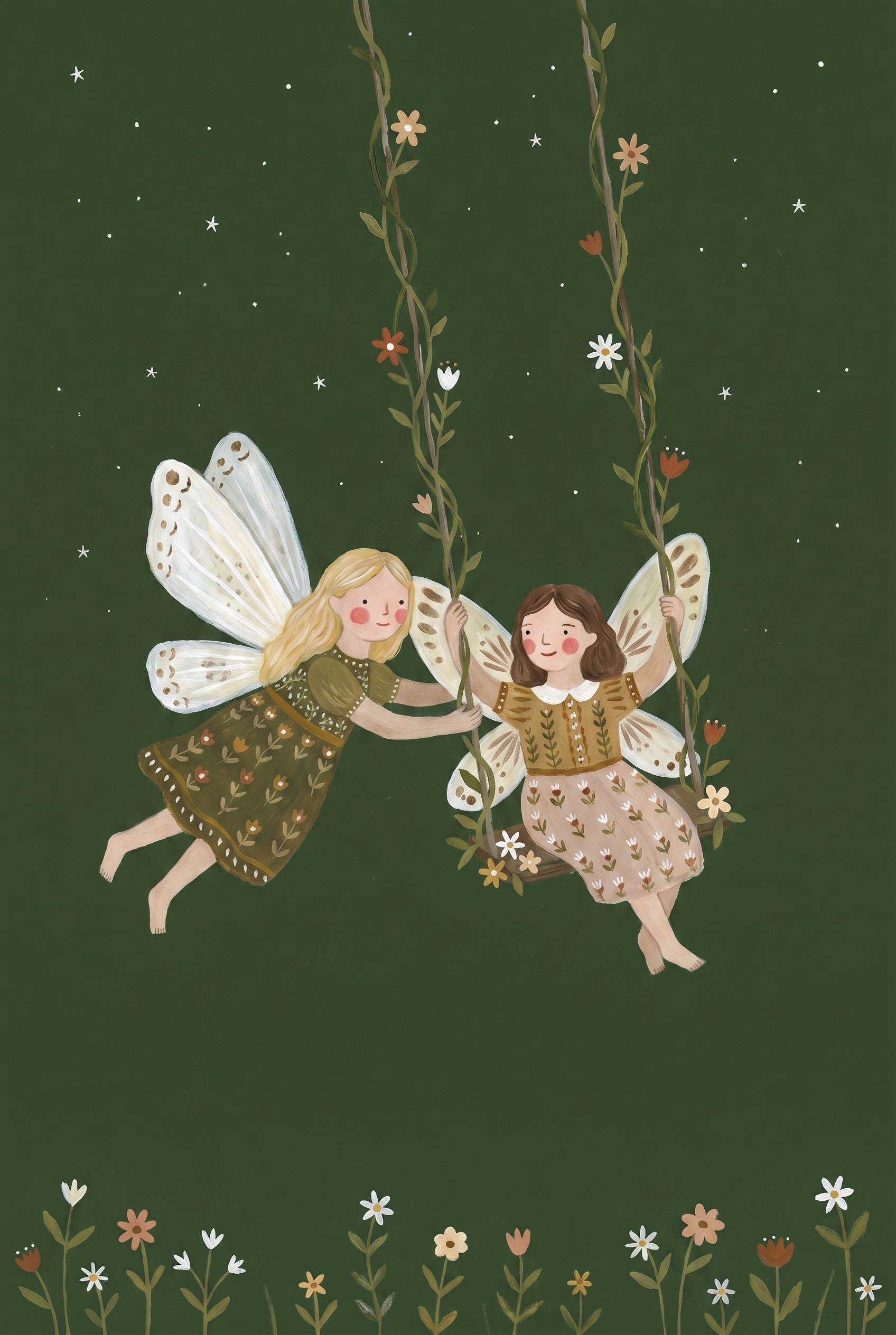 Floral Vine Swinging Fairies Wall Art - Enchanted Garden Swing
