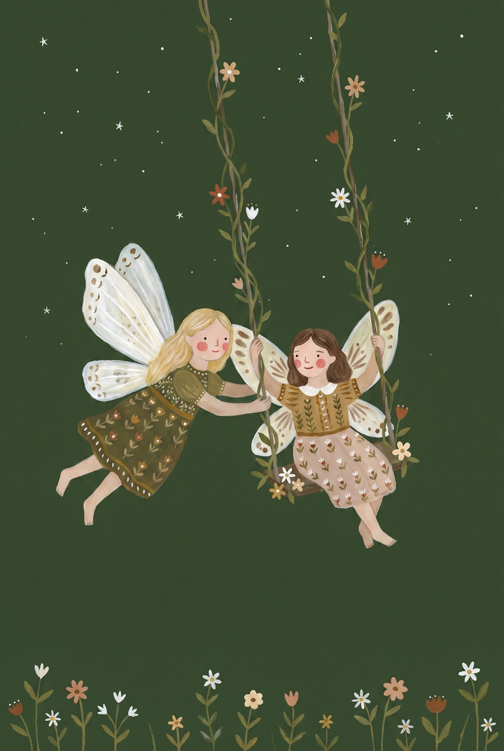 Two fairies play on a swing in this floral vine swinging fairies wall art piece against a dark green starry background.