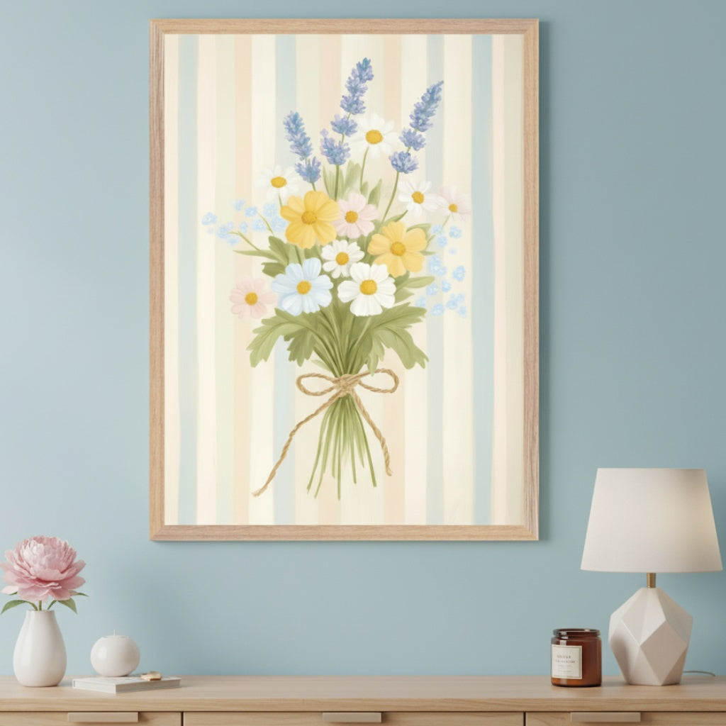 Modern living room with a light wood dresser. A large framed illustration of a wildflower bouquet with white, yellow, and pink daisies, and lavender, tied with twine, hangs above the dresser. The artwork has a pastel striped background.