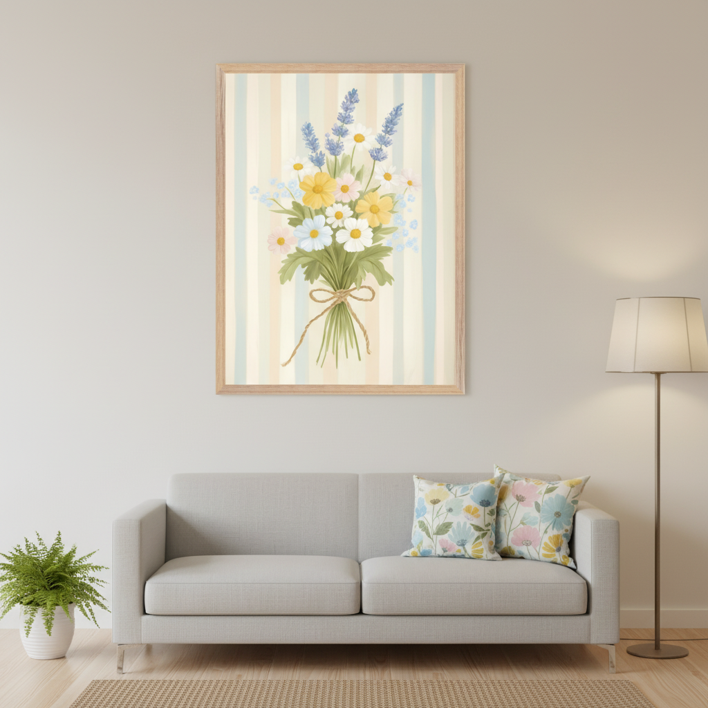 Modern living room with a light gray sofa and floral pillows. A framed print of a wildflower bouquet with daisies and lavender against a striped pastel background hangs centered above the sofa. A floor lamp and potted fern are visible.