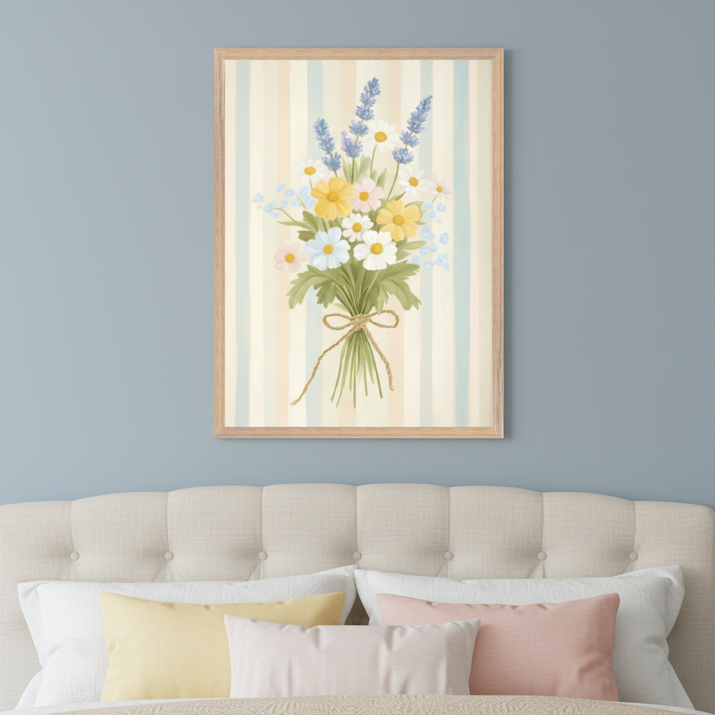 Bedroom with a beige tufted headboard and white, yellow, and pink pillows. A framed print of a watercolor bouquet of white, yellow, and pink daisies, blue lavender, and small blue flowers, tied with twine, on a striped background, hangs centered above the bed.