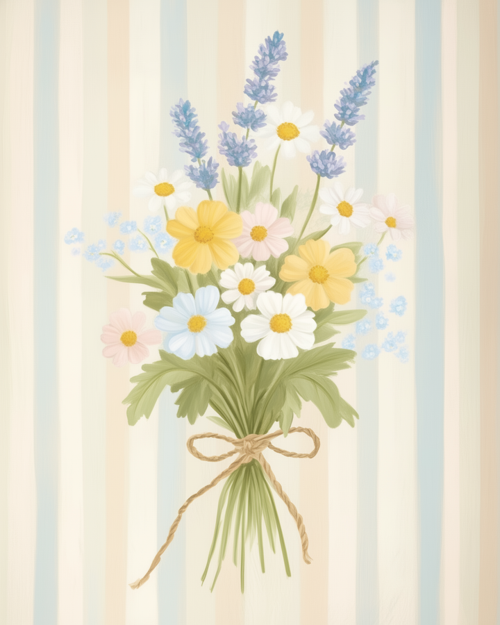 A bouquet of wildflowers including yellow, white, pink, and lavender blooms tied with twine. The background features soft vertical stripes in beige and blue tones, enhancing the vintage-inspired aesthetic.