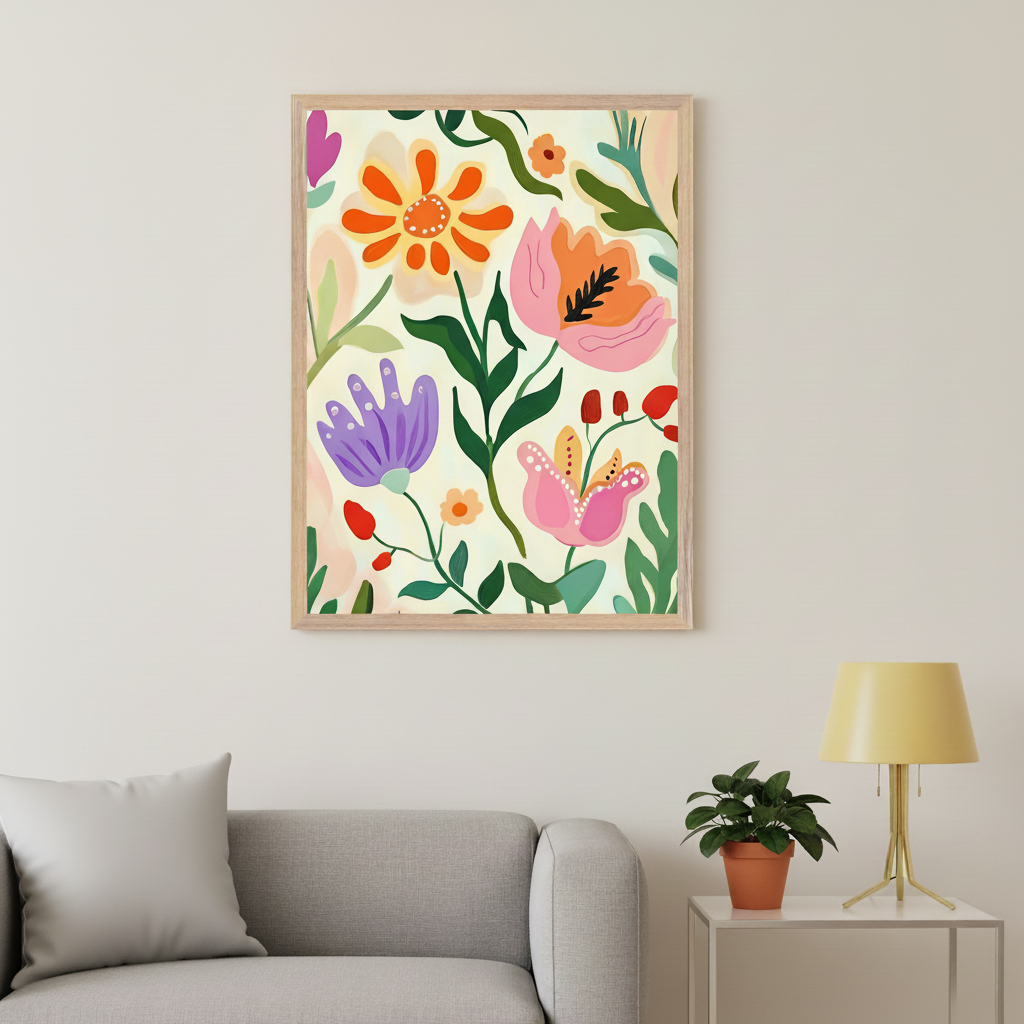 Modern living room with a gray sofa, a white side table, and a yellow lamp. A large framed painting of vibrant, abstract, colorful flowers in orange, pink, purple, red, and green on a pale yellow background hangs on the wall above the sofa.
