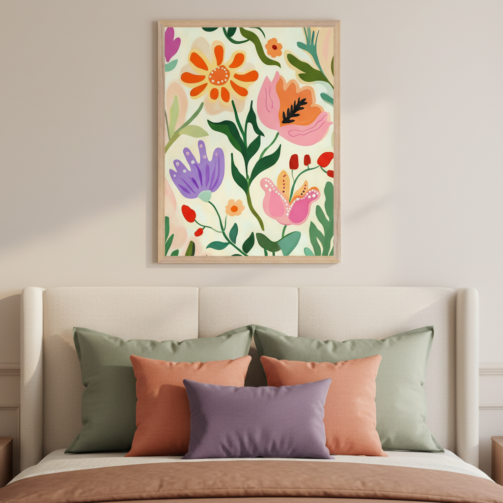 Modern bedroom with an upholstered bed. A framed abstract floral artwork with large stylized orange, pink, and purple flowers and green leaves hangs above the headboard.