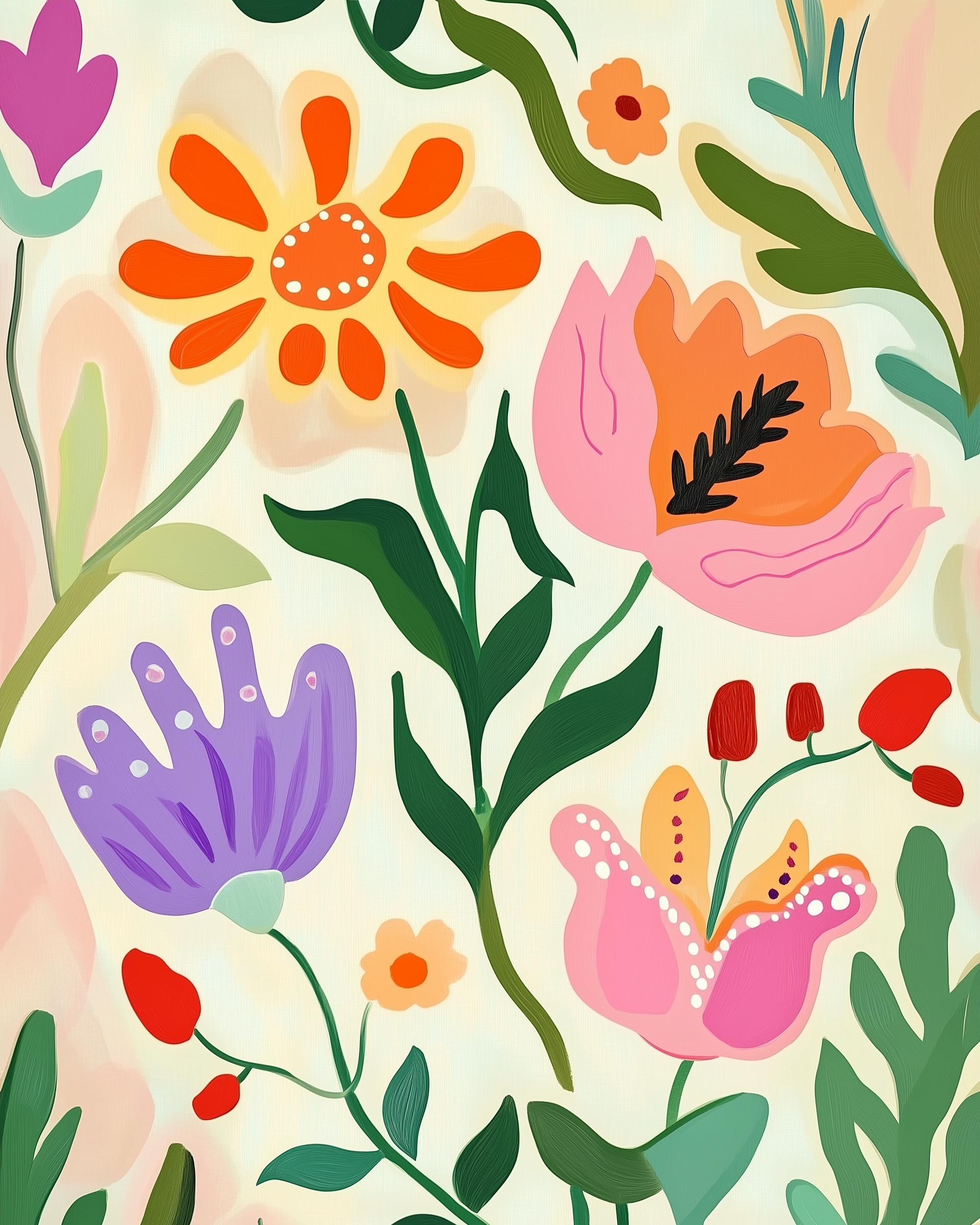 A vibrant, modern illustration of stylized flowers in bold colors like orange, pink, red, and purple with exaggerated shapes and greenery. The playful design is set against a light background, emphasizing the vivid palette.