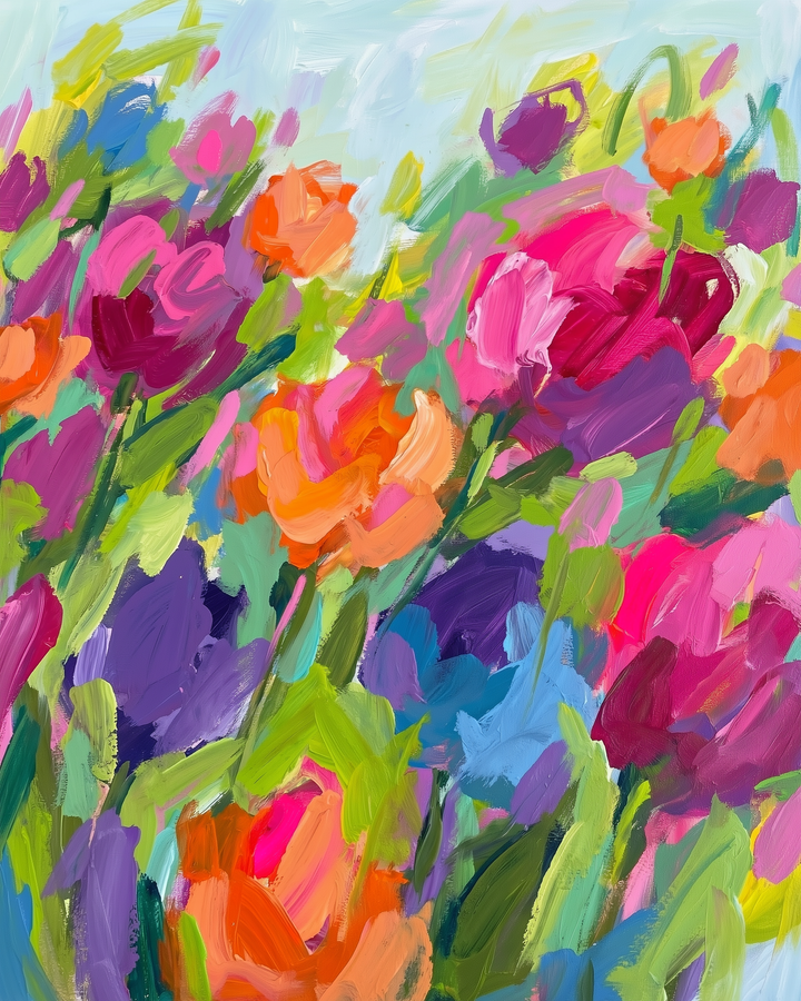 Expressive painting filled with vibrant tulips and wildflowers in bright shades of pink, orange, red, purple, and green. The energetic brushwork and rainbow of colors evoke springtime joy and creativity.
