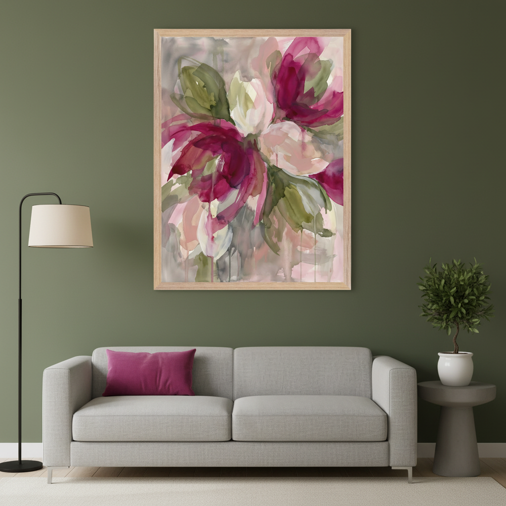 Modern living room with a light gray sofa and a pink pillow. Above the sofa hangs a large framed watercolor painting of abstract pink, white, and green flowers. A black floor lamp stands to the left, and a potted plant on a gray side table is to the right.