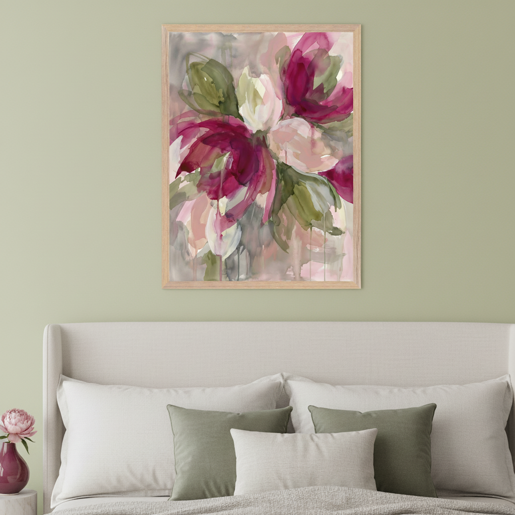 Sage green bedroom with a light upholstered bed. A large framed abstract watercolor floral painting with magenta, pink, green, and white flowers hangs centered above the bed.