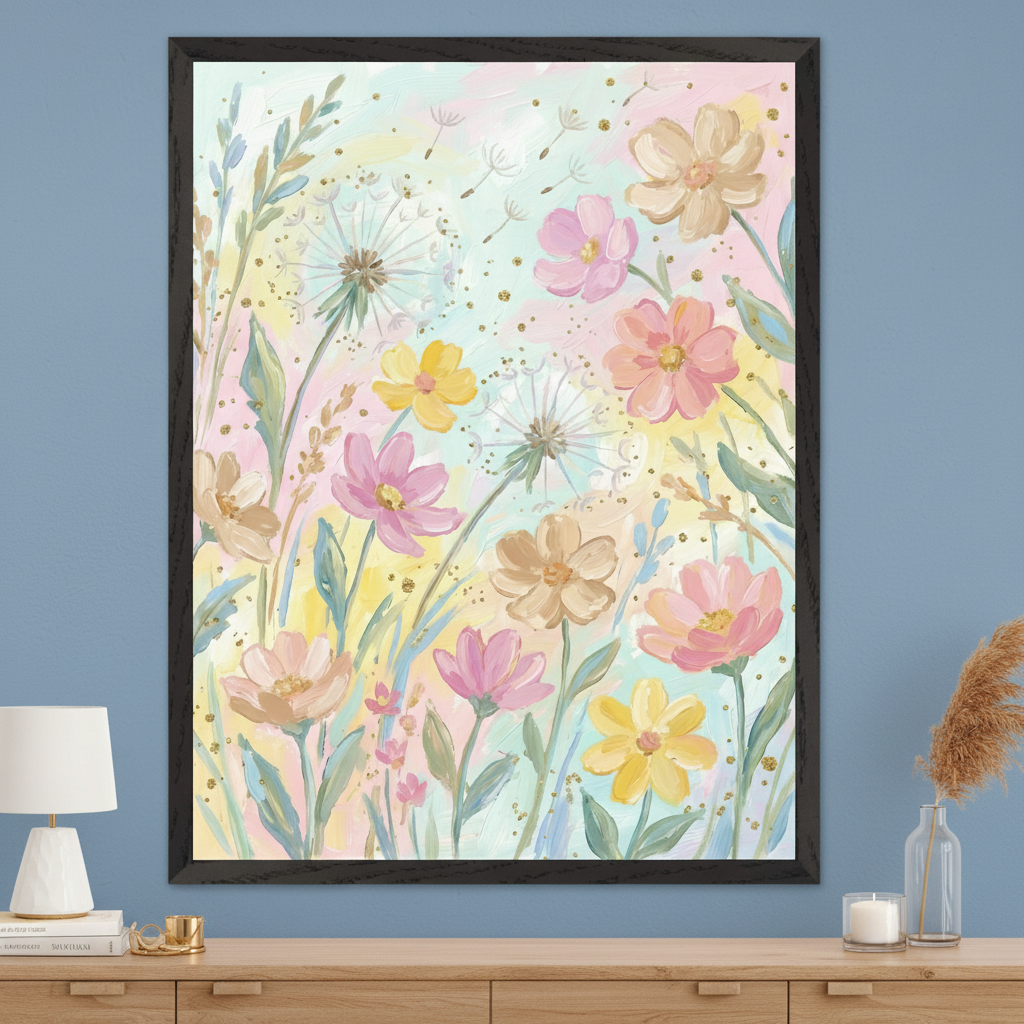 Modern living room with a large framed pastel wildflower painting centered above a wooden console table. The artwork depicts pink, yellow, and beige flowers, dandelions, and blowing seeds with gold flecks on a soft multicolored background.