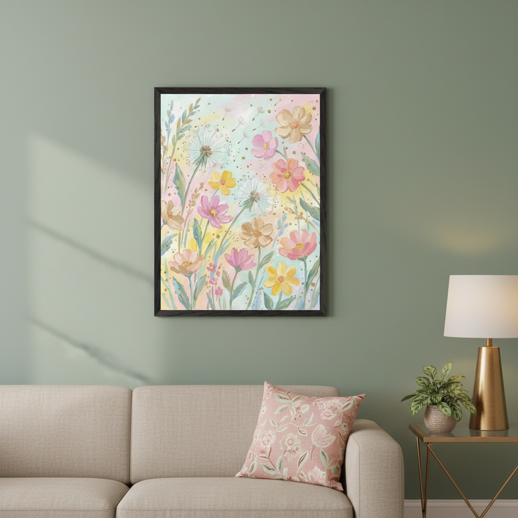 Modern living room with a beige sofa. A framed watercolor art of colorful wildflowers, dandelions, and gold speckles on a pastel background hangs above the sofa. A gold side table with a lamp and plant is to the right.