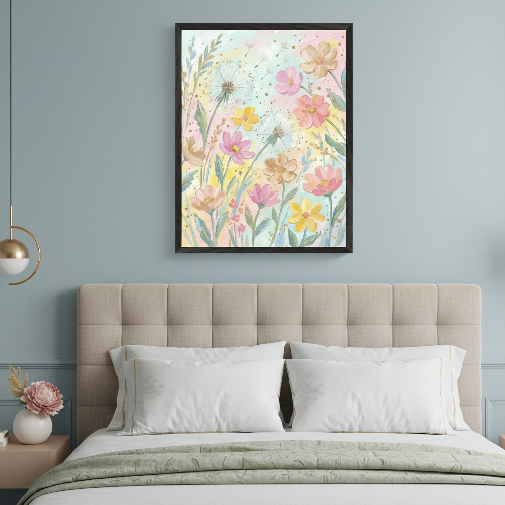 Modern bedroom with a light blue wall and a beige tufted bed. A large framed watercolor painting of pastel flowers and dandelions hangs centered above the bed.