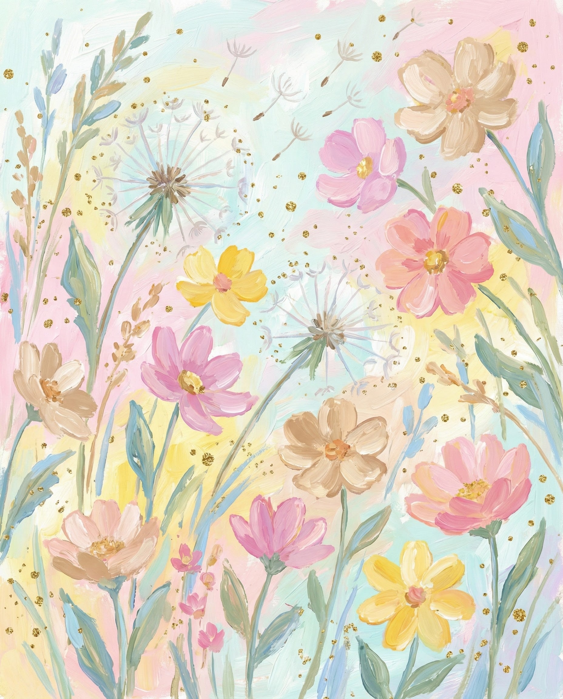 Bright and cheerful pastel painting of dandelions and wildflowers in pink, yellow, and tan tones with golden sparkles, set on a soft rainbow background, bringing a fun and uplifting energy to kid and adult spaces alike.
