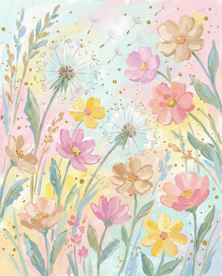 Bright and cheerful pastel painting of dandelions and wildflowers in pink, yellow, and tan tones with golden sparkles, set on a soft rainbow background, bringing a fun and uplifting energy to kid and adult spaces alike.

