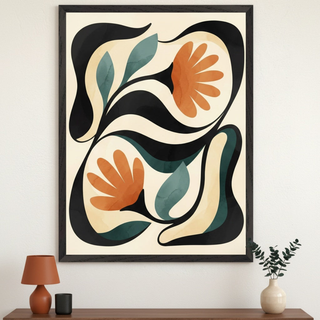 Contemporary room with a wooden console table. A large black-framed abstract floral wall art piece, featuring stylized orange flowers, teal leaves, and black organic shapes on a cream background, hangs above the table.