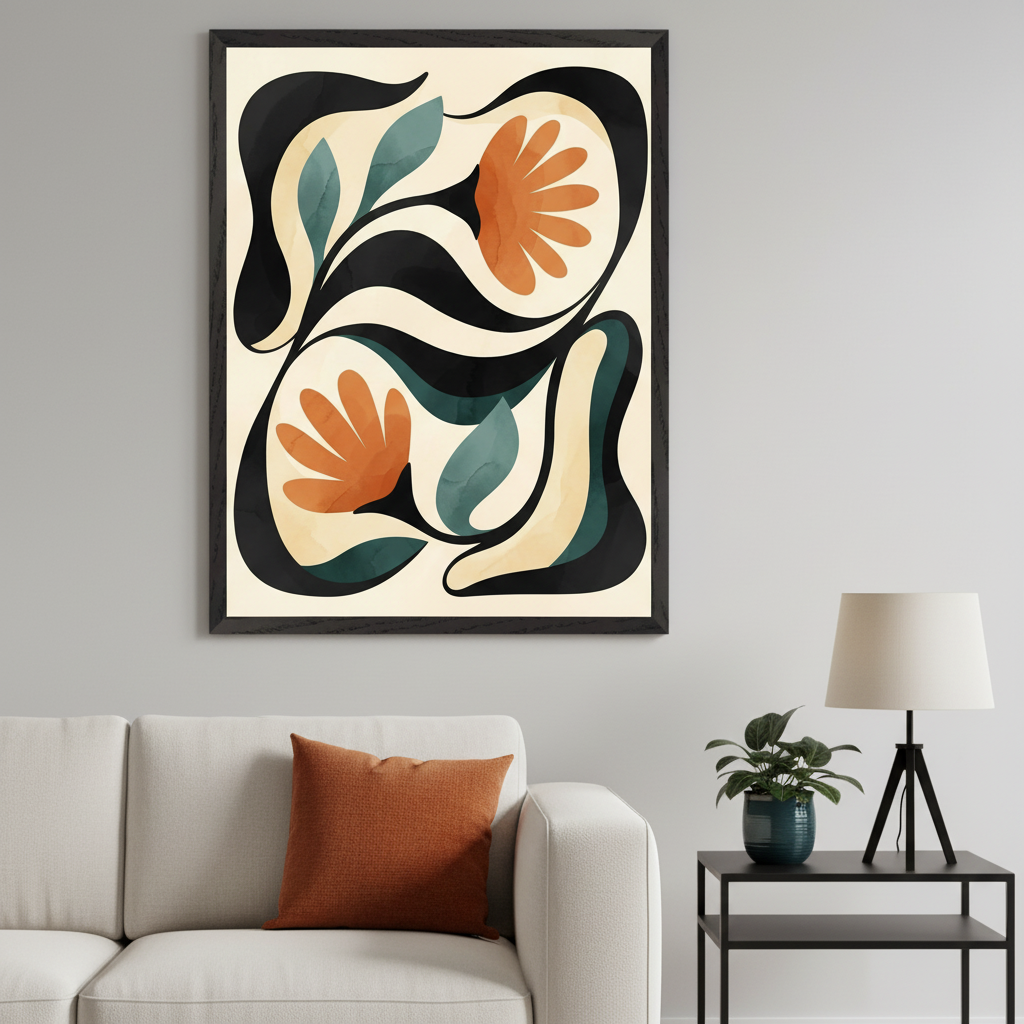 Modern living room with a white sofa, orange pillow, and black side table. A large framed abstract print of two orange flowers, green leaves, and black, dark teal, and cream organic shapes hangs above the sofa.