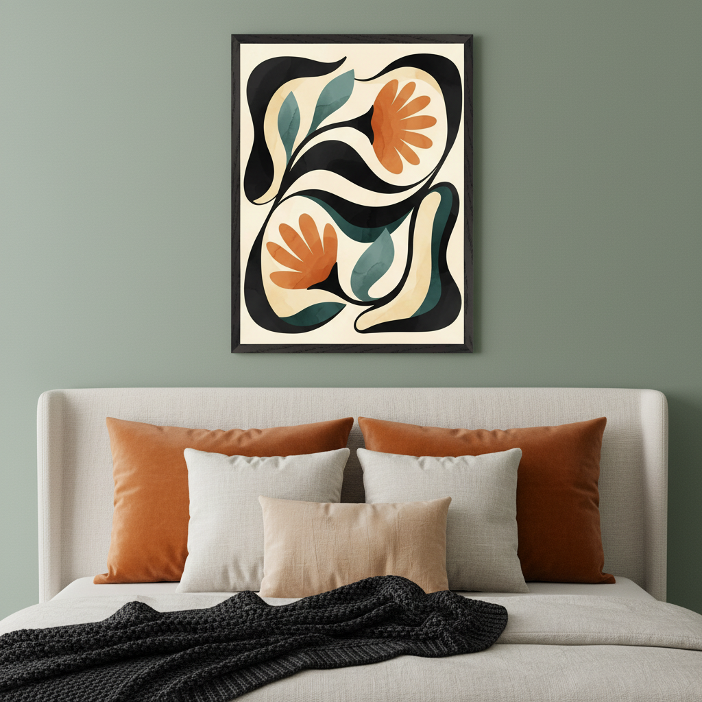 Modern bedroom with a beige upholstered bed and orange, off-white, and beige pillows. A black throw blanket is on the bed. Above the bed, a framed abstract art piece depicts two stylized orange flowers with teal leaves and black organic shapes on a cream background.
