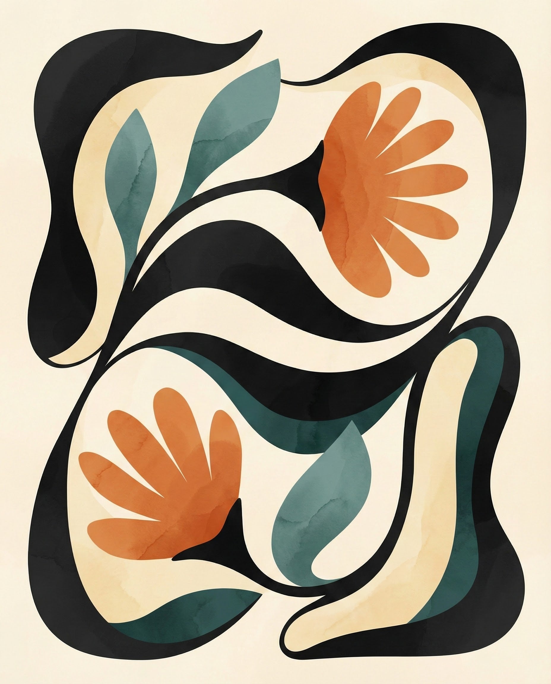A modern abstract artwork featuring orange flowers and green leaves surrounded by flowing black and cream curves. The organic shapes and soft color palette create a sense of movement and artistic elegance.
