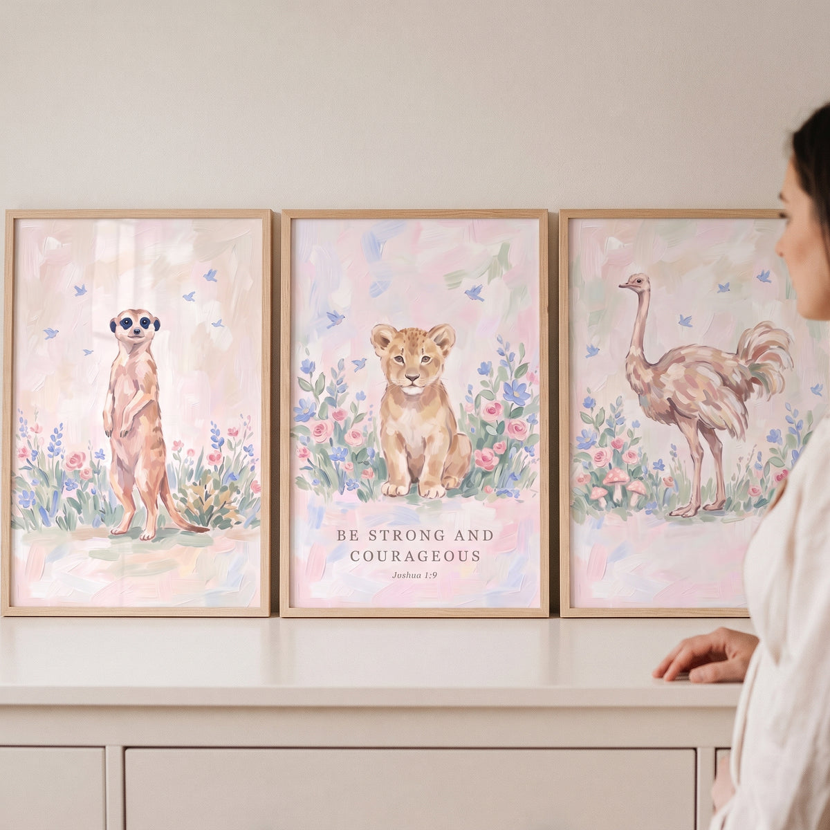 Floral Watercolor Safari Animals Wall Art Set of 3 - Courageous Safari Friends