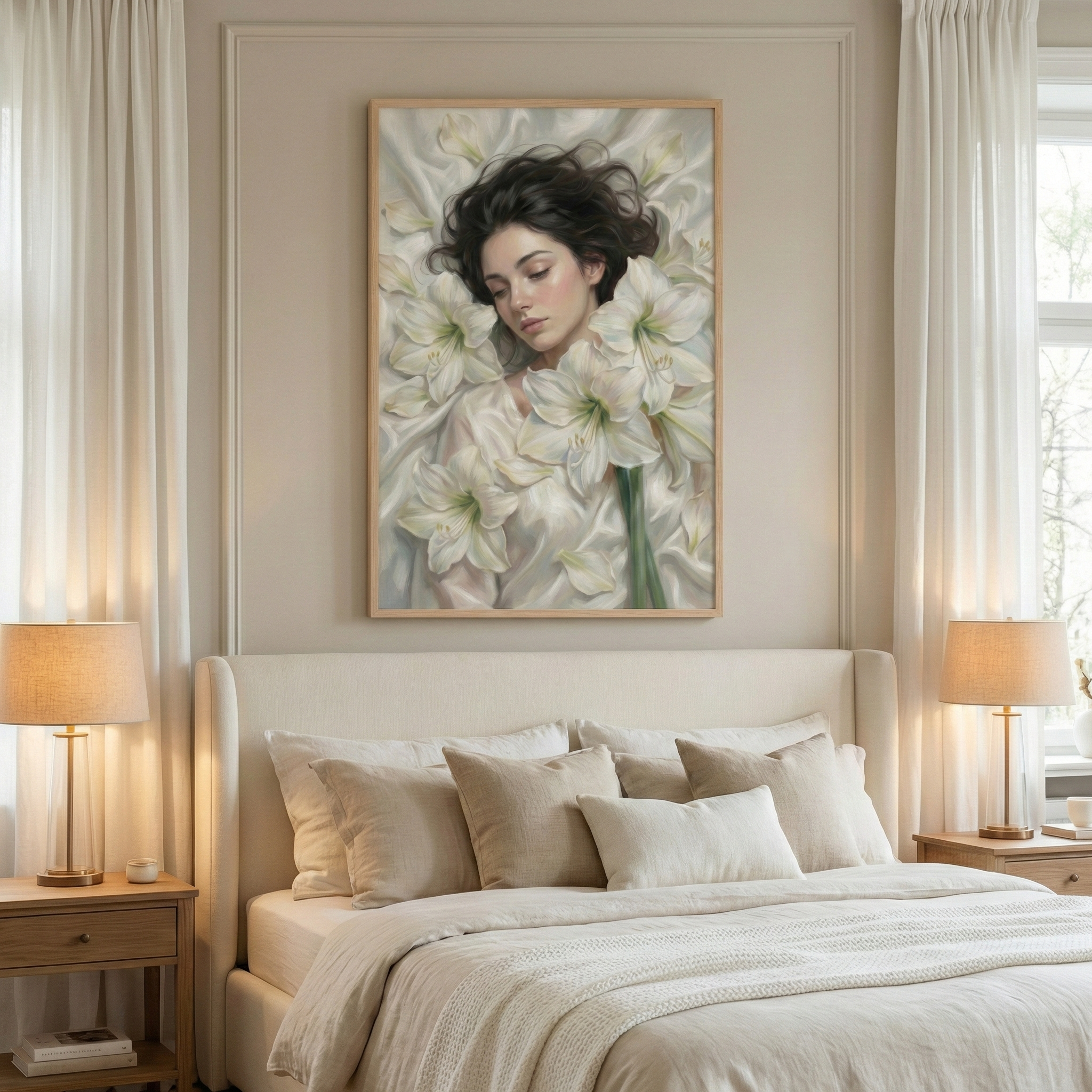 A serene and elegant bedroom is shown in a soft, neutral palette. In the center, a bed with a light-colored upholstered headboard is layered with a textured off-white duvet and several plush pillows in shades of beige and cream. Above the bed, a large framed artwork hangs on the beige wall. The image depicts a woman with dark wavy hair resting peacefully amidst a sea of large white lilies and soft white drapes. 