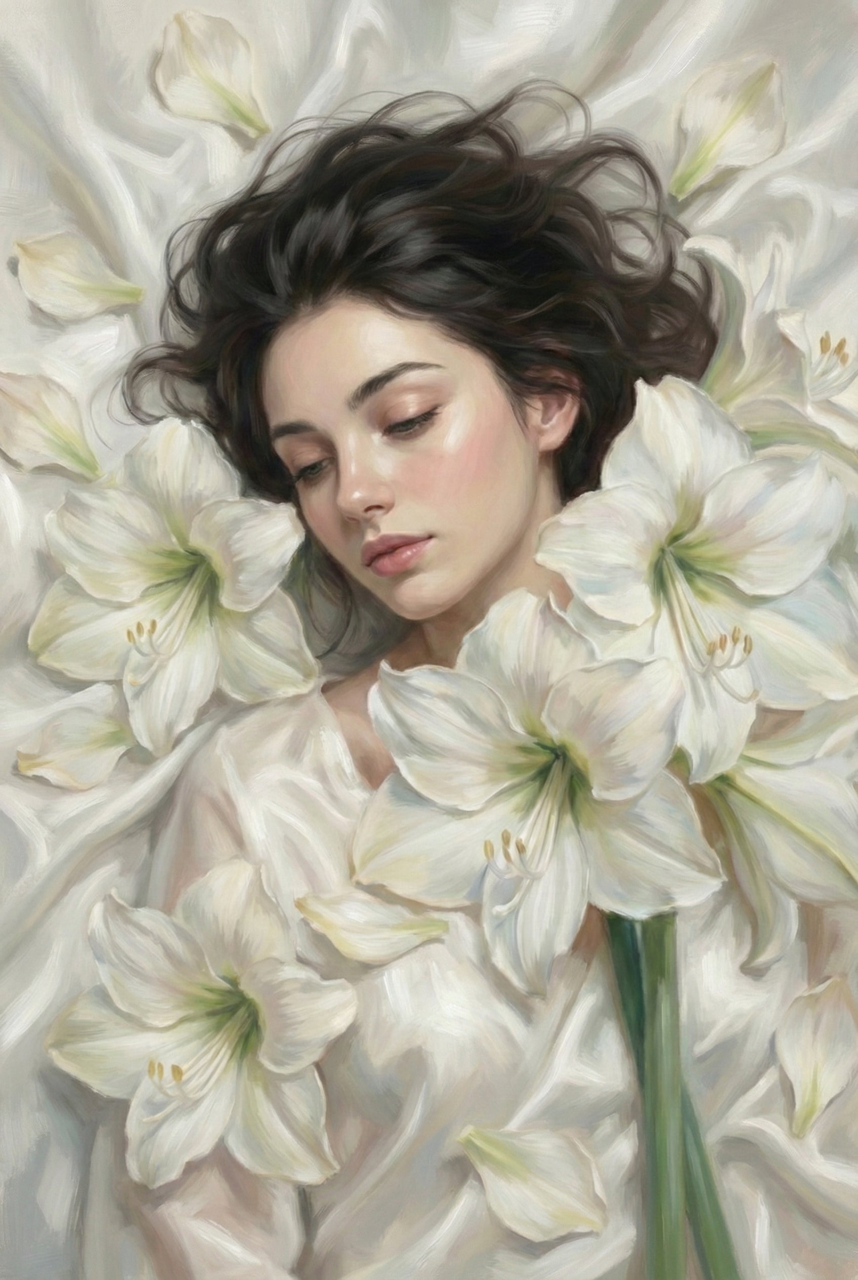 Oil style portrait of a woman with dark hair lying among oversized white lilies. Her eyes are gently closed and the pale petals surround her face and shoulders, blending with her white dress. The composition feels serene and dreamlike with soft blended brushstrokes.
