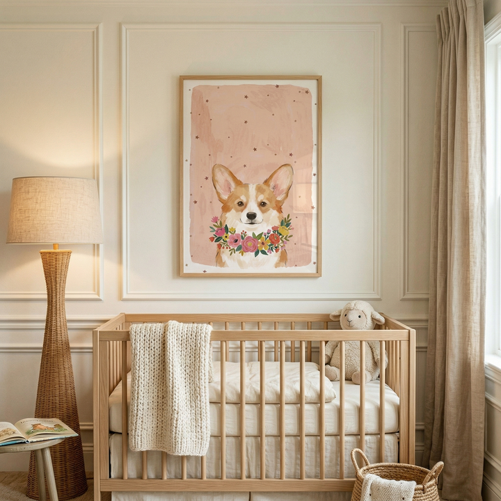 Bright neutral nursery with a wooden crib styled beneath a framed illustration of a corgi wearing a colorful floral wreath on a soft pink background with scattered stars. A woven floor lamp, cozy knit blanket, plush toy, and soft curtains create a warm and calming space.