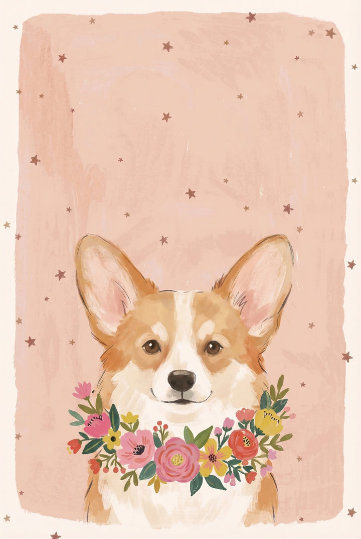A charming digital illustration of a corgi's head and neck, centered against a soft, textured peach background. The dog features large, upright ears, warm dark eyes, and a friendly expression. Around its neck is a vibrant floral wreath composed of pink, yellow, red, and orange flowers with green leaves. The entire image is decorated with small, scattered brown star motifs, creating a whimsical and gentle aesthetic with soft, blended colors.