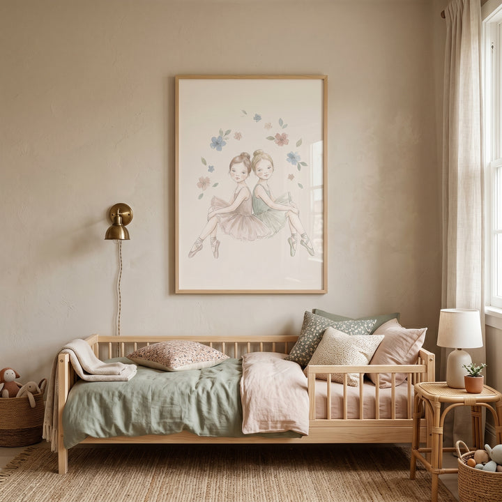 Floral wreath watercolor ballerina wall art hangs over a wooden toddler bed with sage green and pink linens.