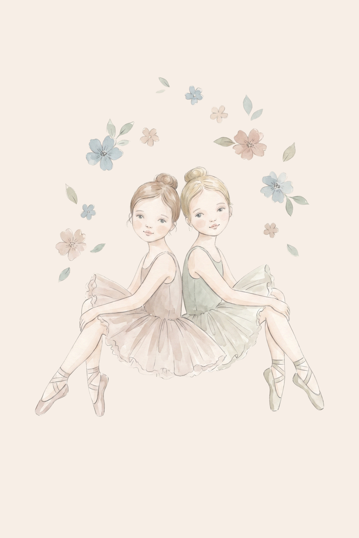 Floral wreath watercolor ballerina wall art featuring two girls in tutus sitting back to back in soft pastel colors.