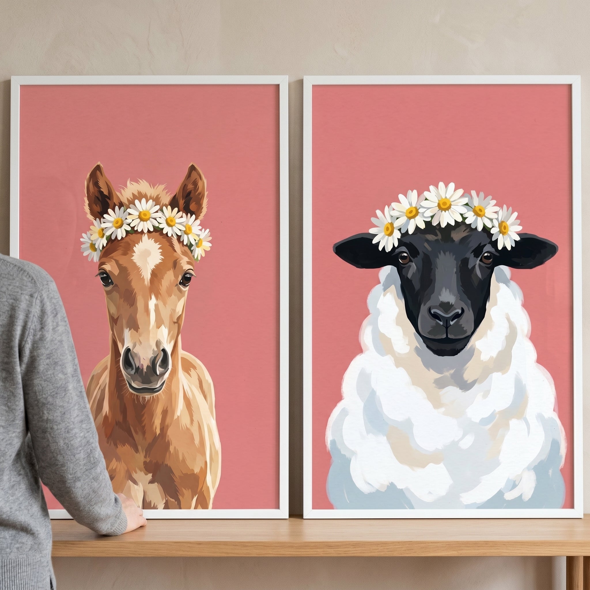Flower Crown Farm Animal Wall Art Set of 2 - Floral Meadow Friends
