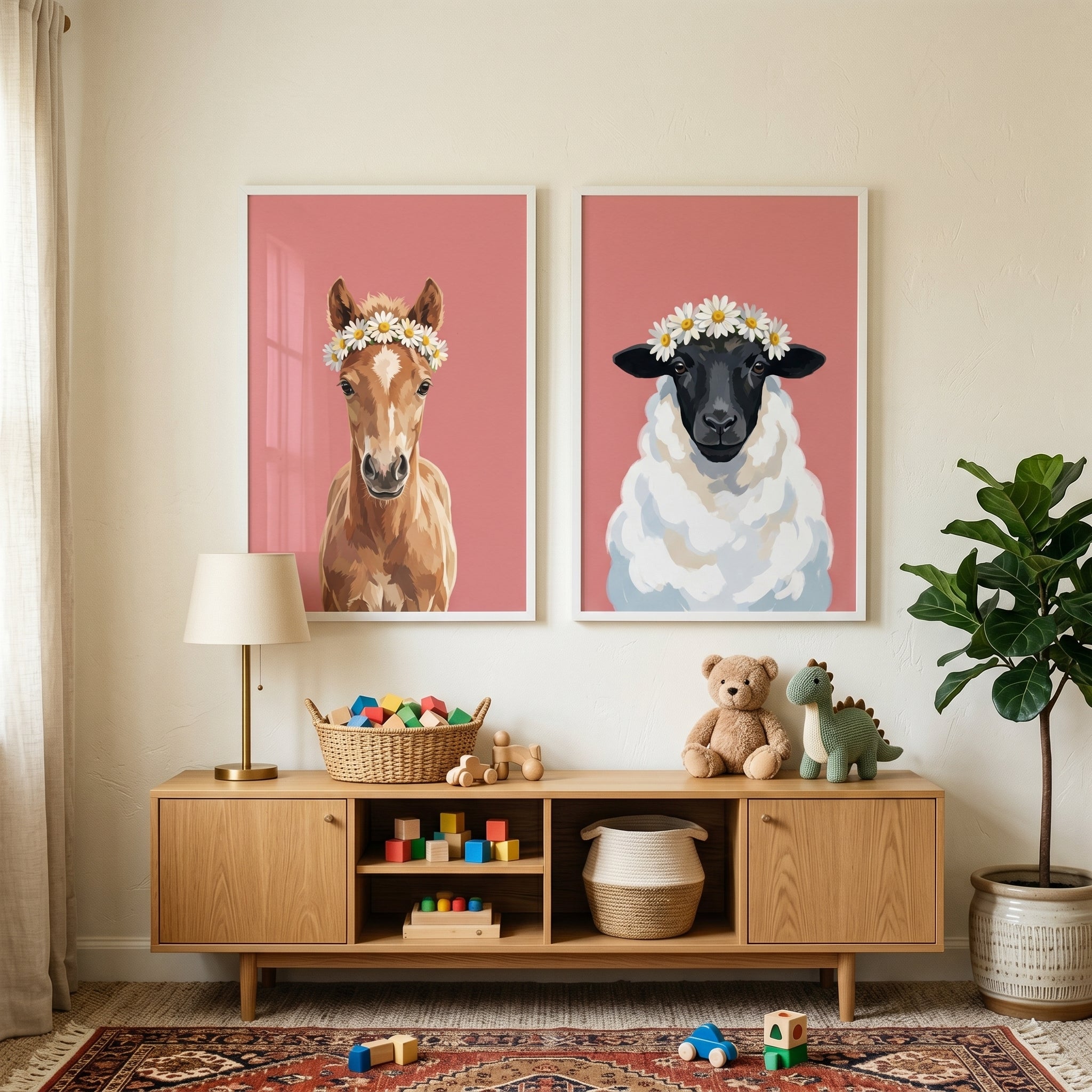 Flower Crown Farm Animal Wall Art Set of 2 - Floral Meadow Friends