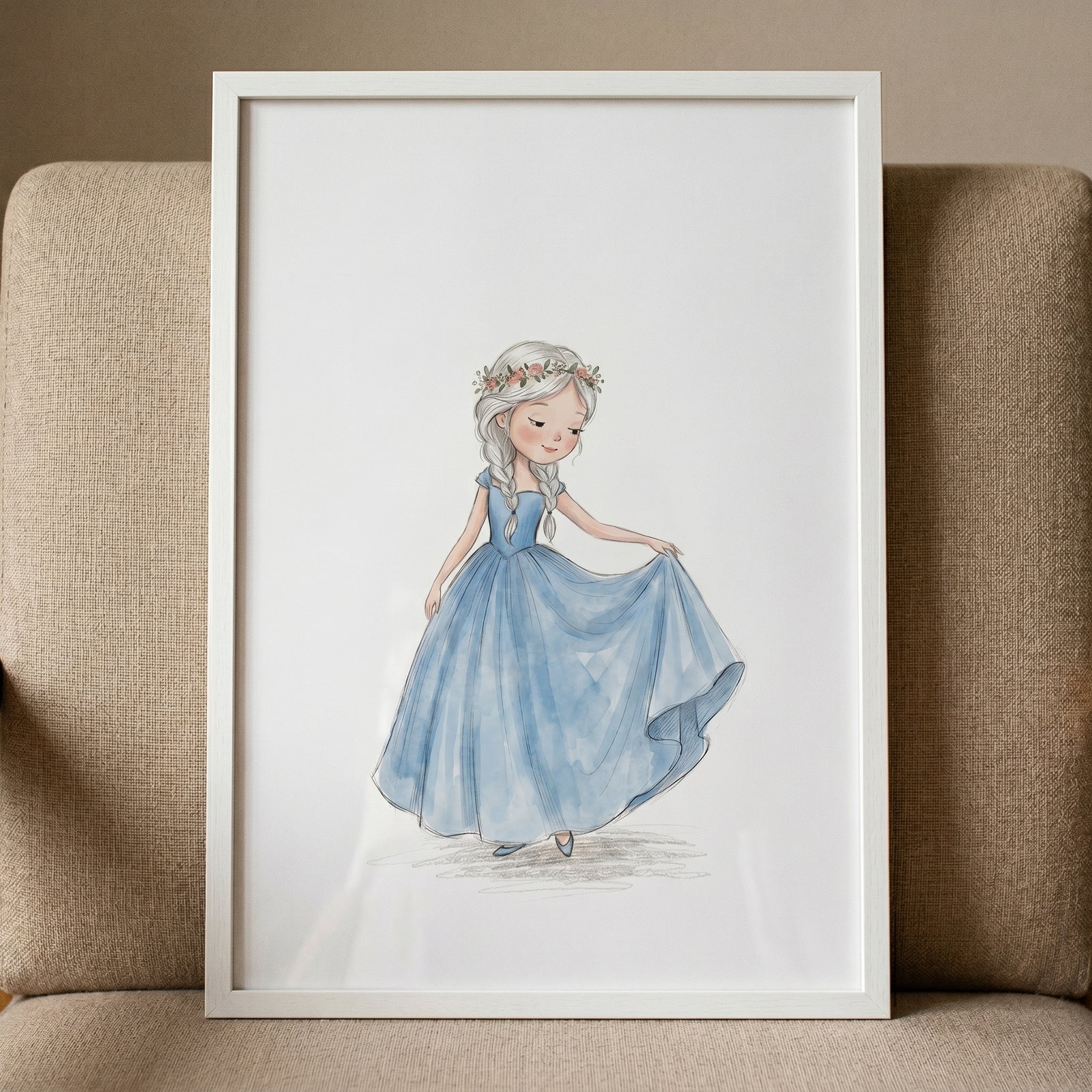 Framed flower crown silver girl wall art of a young girl in a flowing blue gown and braids.