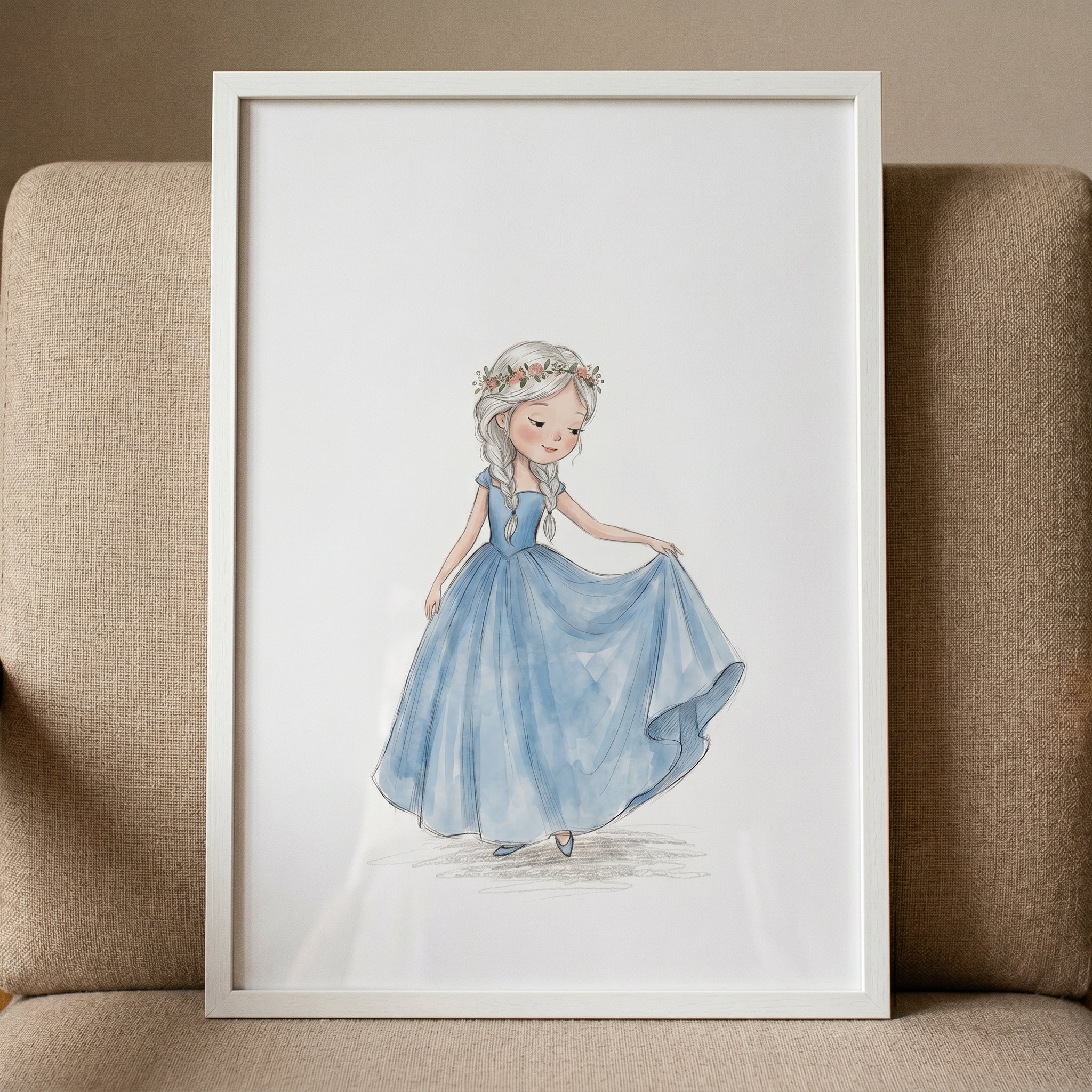 Flower Crown Silver Girl Wall Art - Sweet Blue Gown