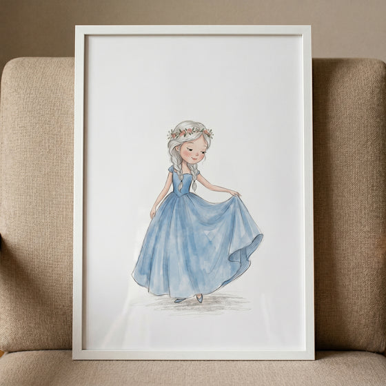 Framed flower crown silver girl wall art of a young girl in a flowing blue gown and braids.