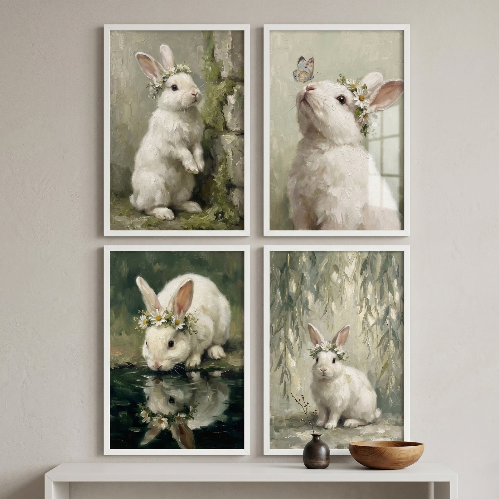 Flower crown white bunny wall art set of 4 features white rabbits with floral wreaths in soft nature settings.
