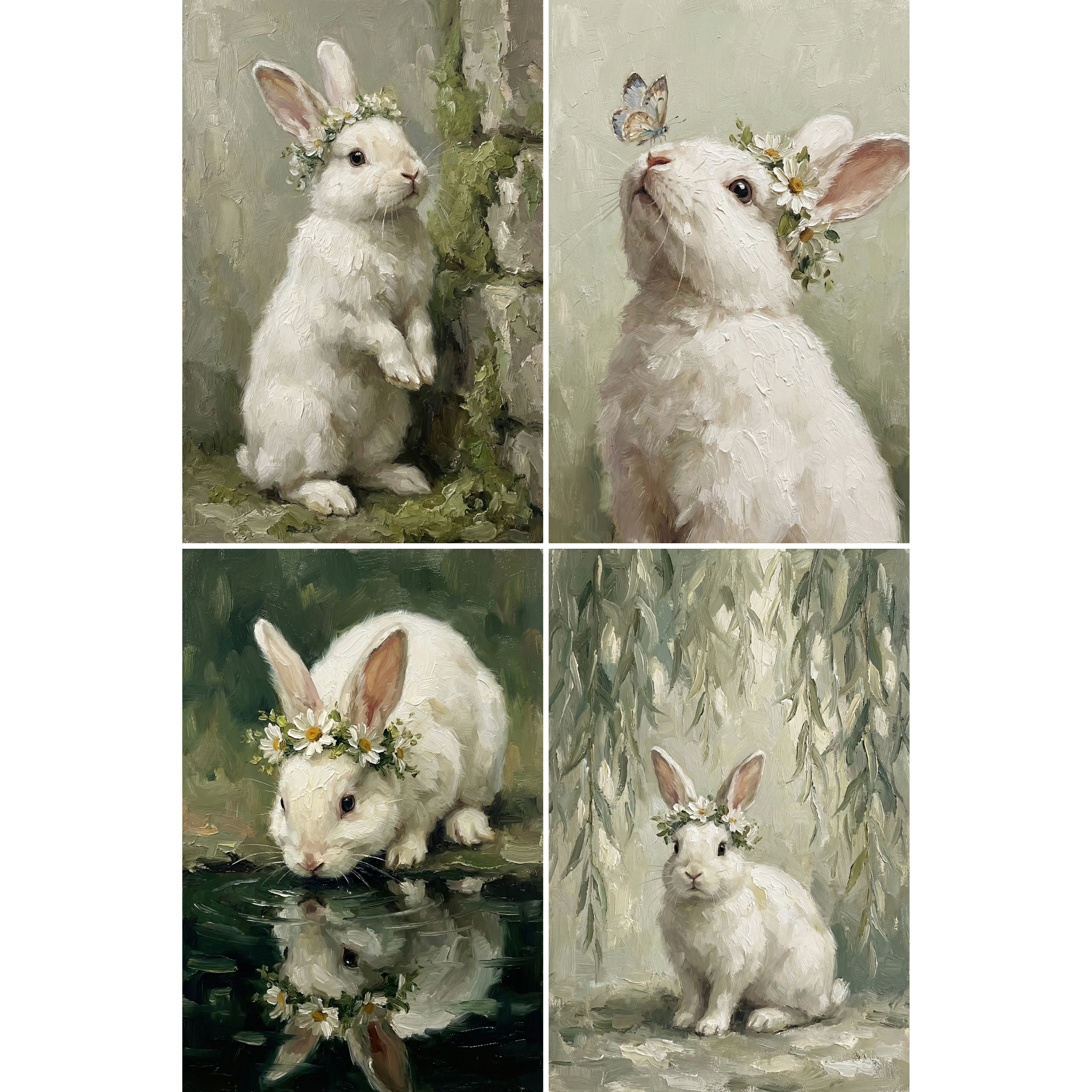 Flower Crown White Bunny Wall Art Set of 4 - Floral Crown Bunnies