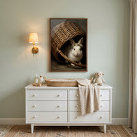 White dresser with changing basket and stuffed lamb below flower crown white rabbit wall art on a light green wall.