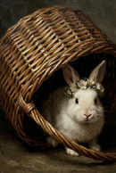 White rabbit wearing a flower crown rests inside a woven basket, creating a cozy and rustic animal themed wall decor piece for kids or adults.
